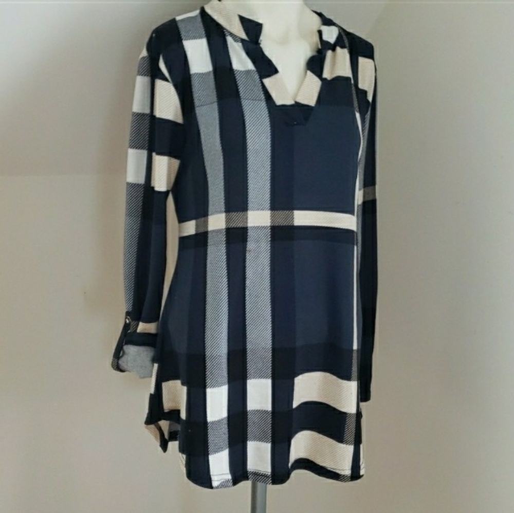 Lildy Button Sleeve Tunic Plaid Blue and Cream, Size  S-M